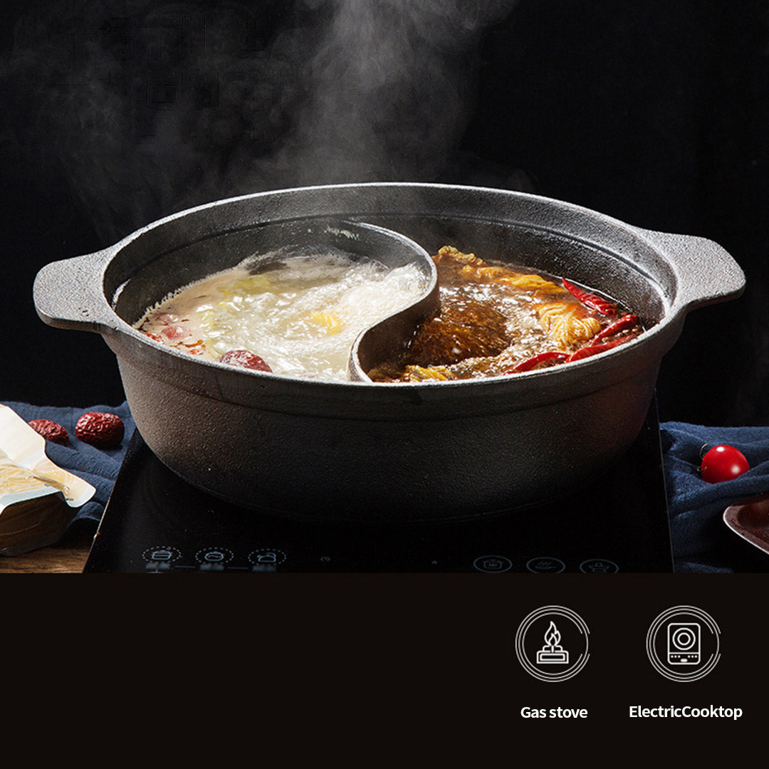 32CM Round Cast Iron Shabu Shabu Hotpot Two-Flavor Division