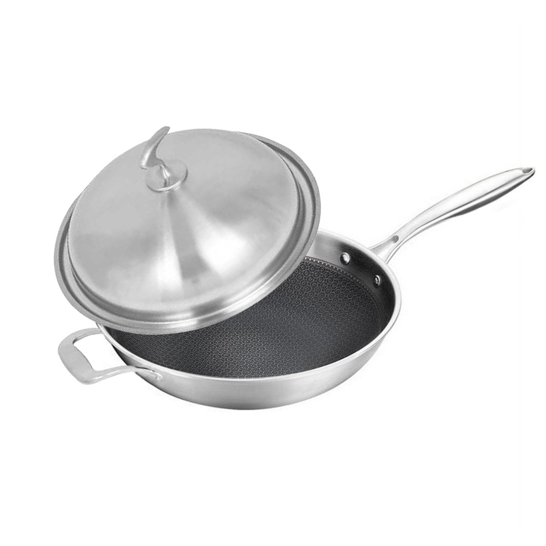 18/10 Stainless Steel 34cm Frying Pan Textured Non Stick Interior with Helper Handle and Lid