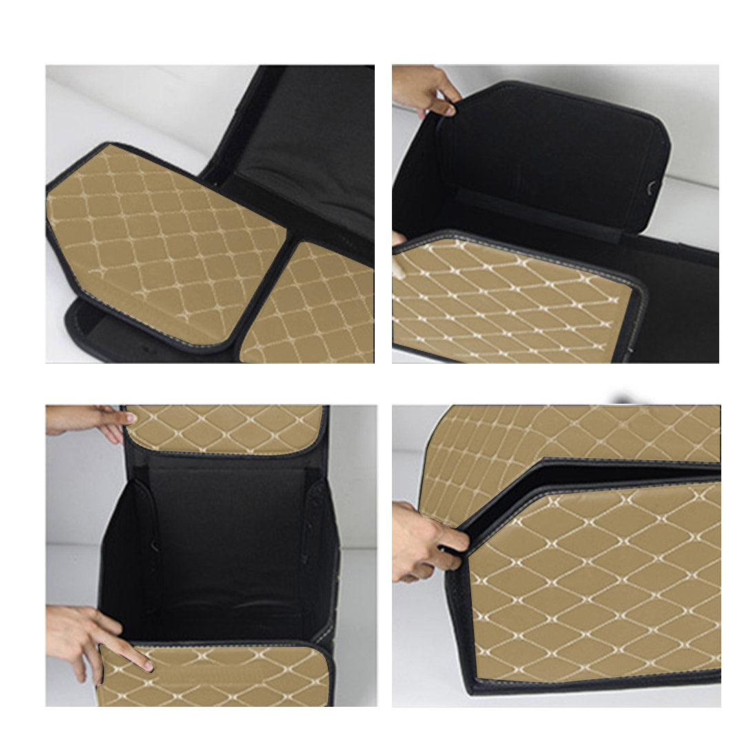 Leather Car Boot Foldable Trunk Cargo Organizer Box Beige/Gold Stitch Small