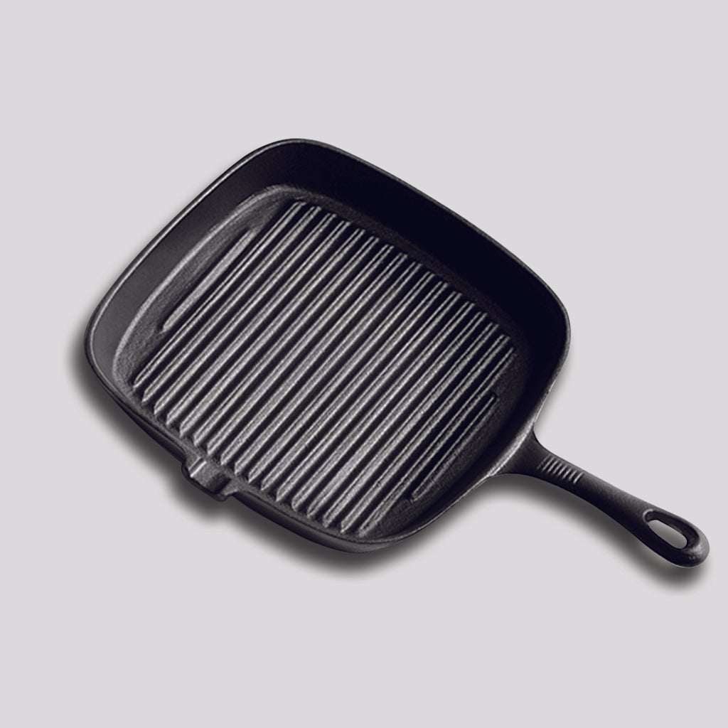 SOGA 23.5cm Square Ribbed Cast Iron Frying Pan with Handle