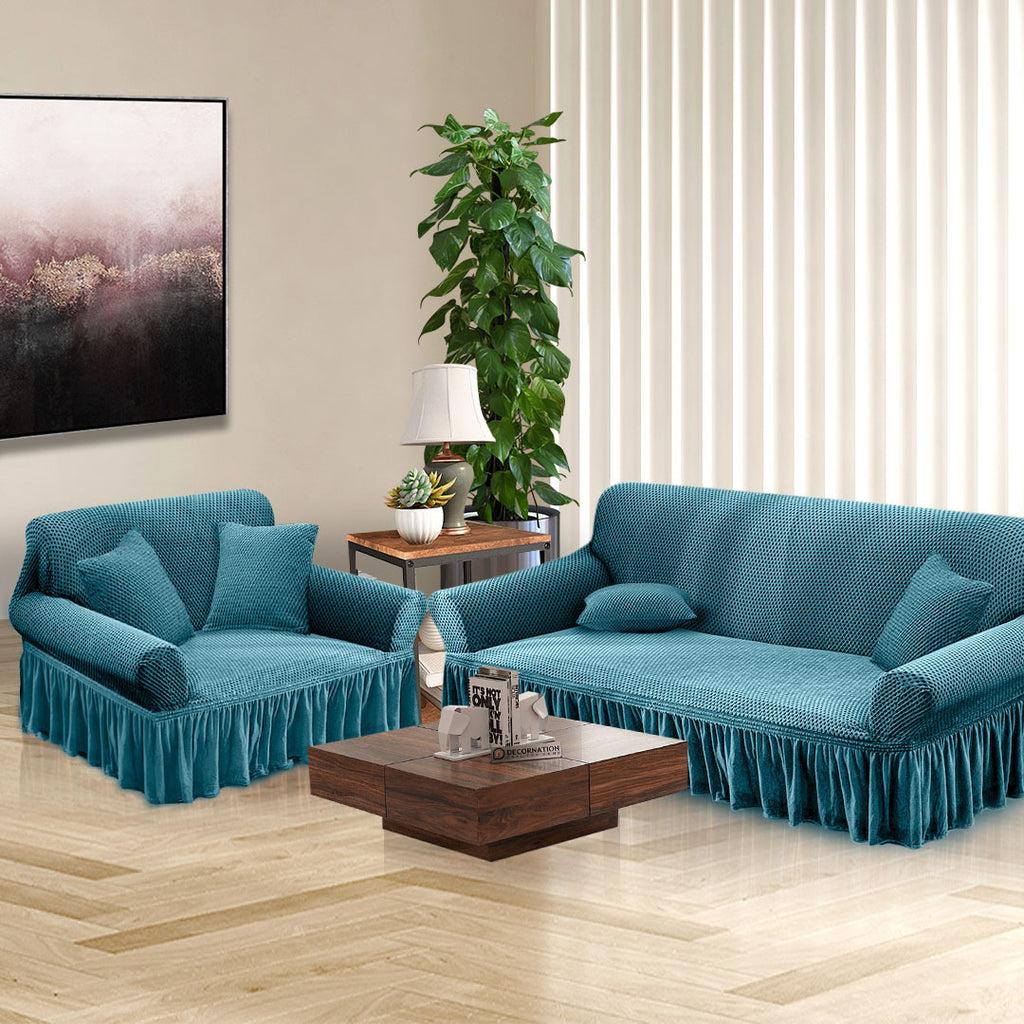 Blue Colored 2- Seater Sofa Cover with Ruffled Skirt