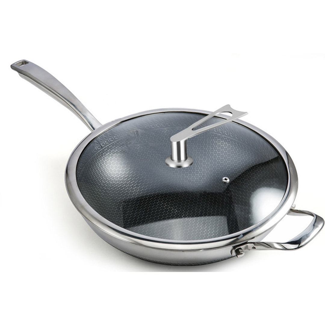 34cm Stainless Steel Frying Pan with Glass Lid and Helper Handle