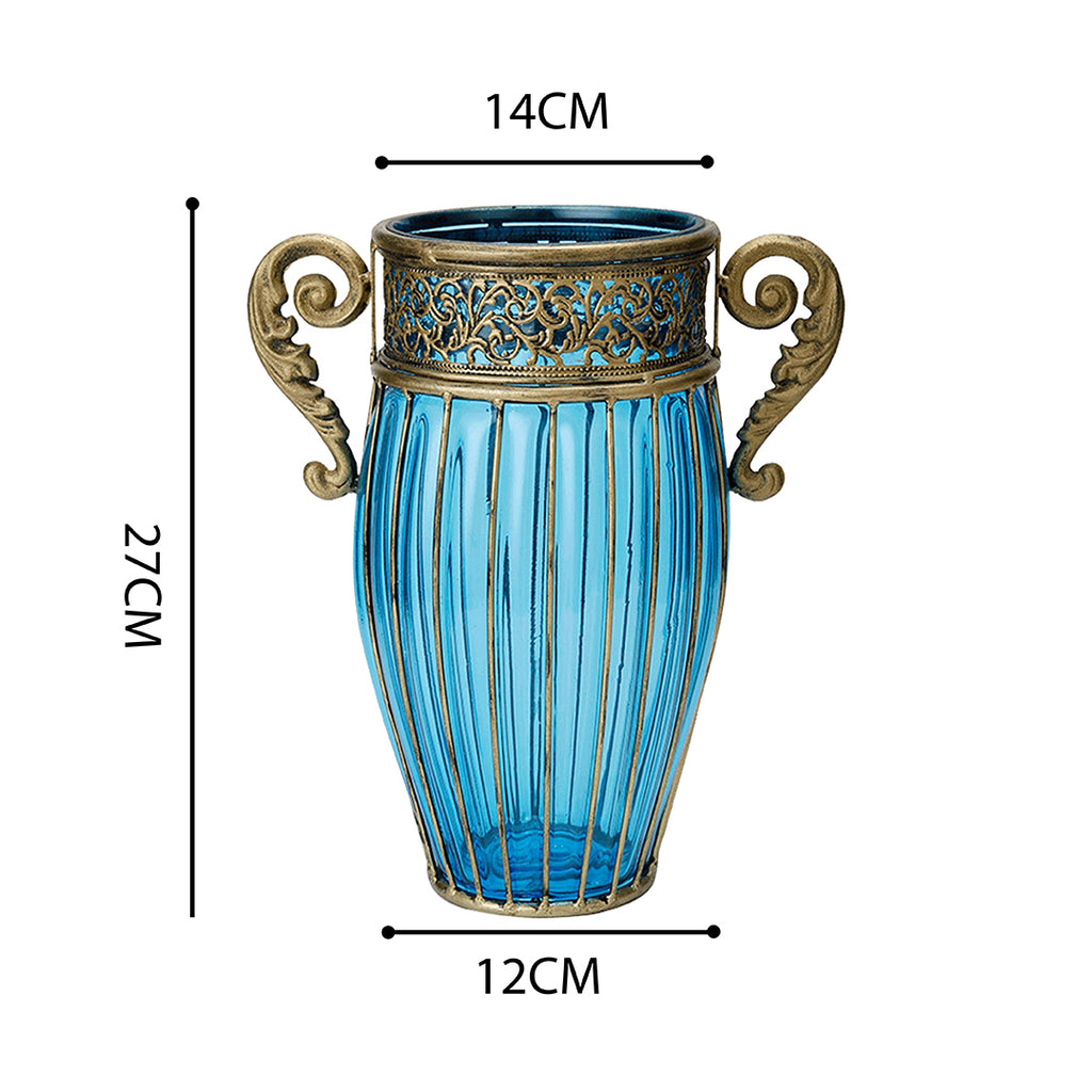 Blue European Glass Flower Vase with Two Metal Handle