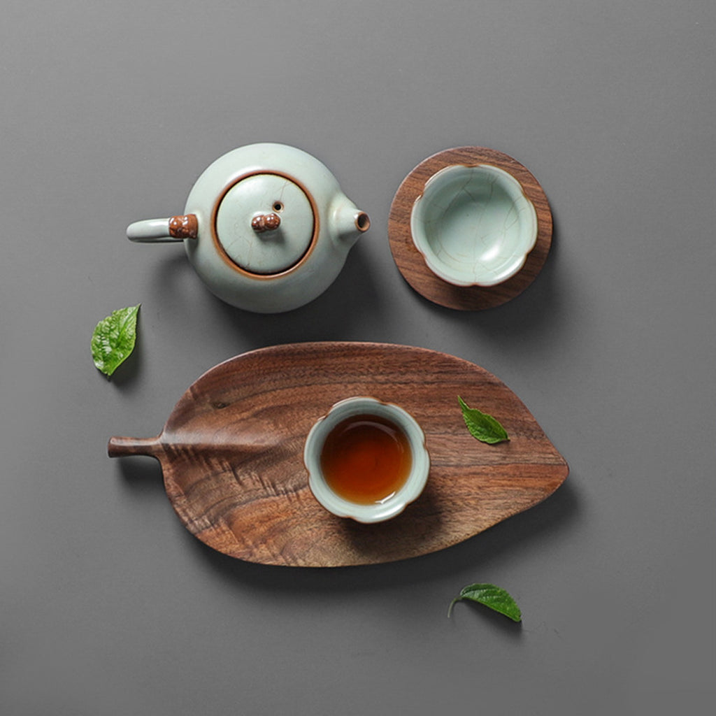 Set of 2 Walnut Leaf Shape Wooden Tray