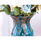 85cm Blue Glass Floor Vase and 12pcs Dark Pink Artificial Flower Set