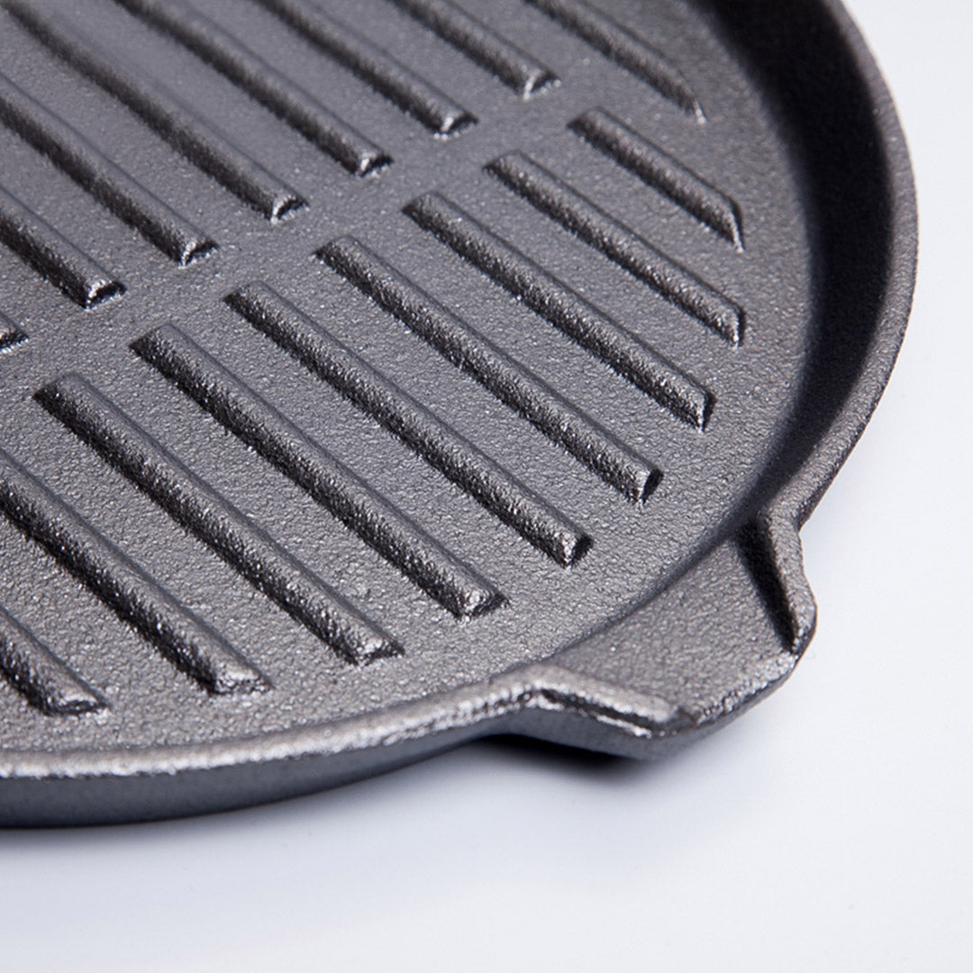 24cm Round Ribbed Cast Iron Skillet Pan with Folding Wooden Handle