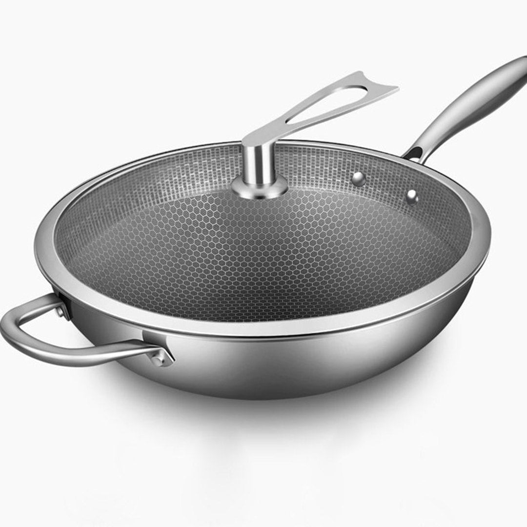 34cm Stainless Steel Frying Pan with Glass Lid and Helper Handle