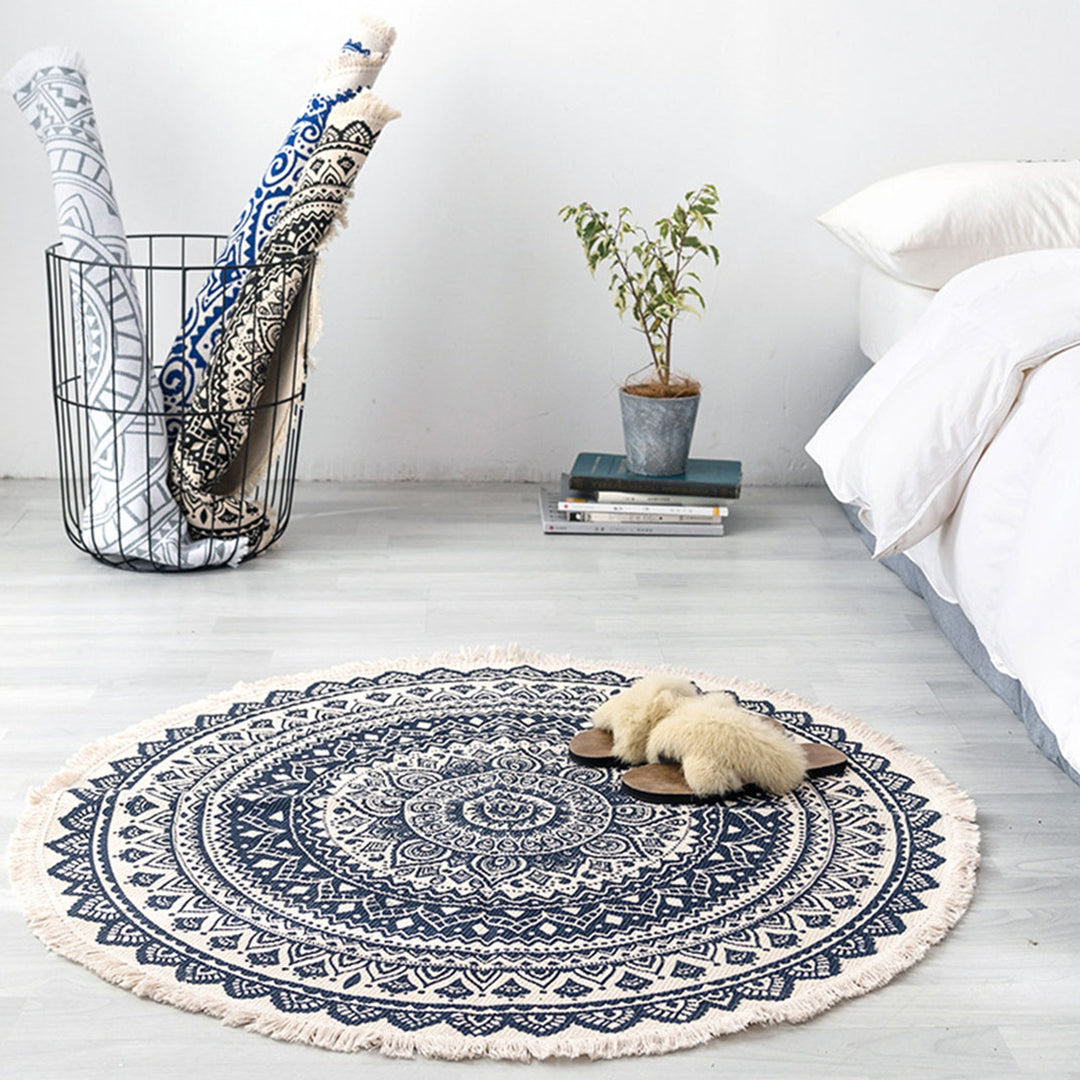 Black Carpet Soft Linen Bohemian Non-Slip Round Rug