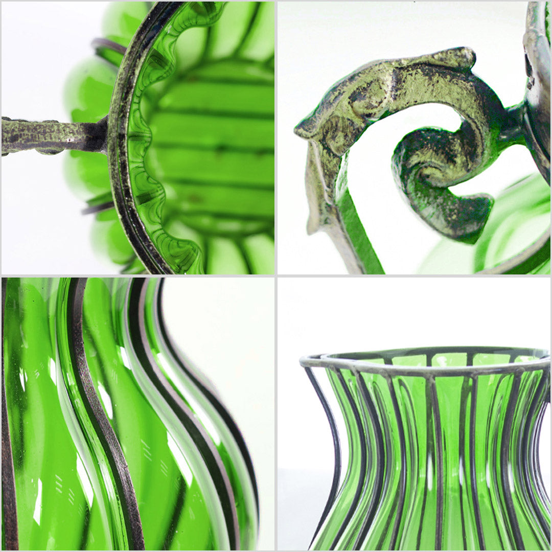 Green Glass Flower Vase with 4 Bunch 9 Heads Artificial Silk Rose Set