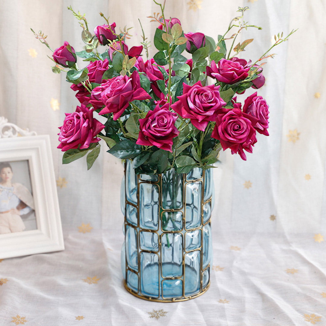 Blue Glass Cylinder Flower Vase with 8 Bunch 5 Heads Artificial Silk Rose Set