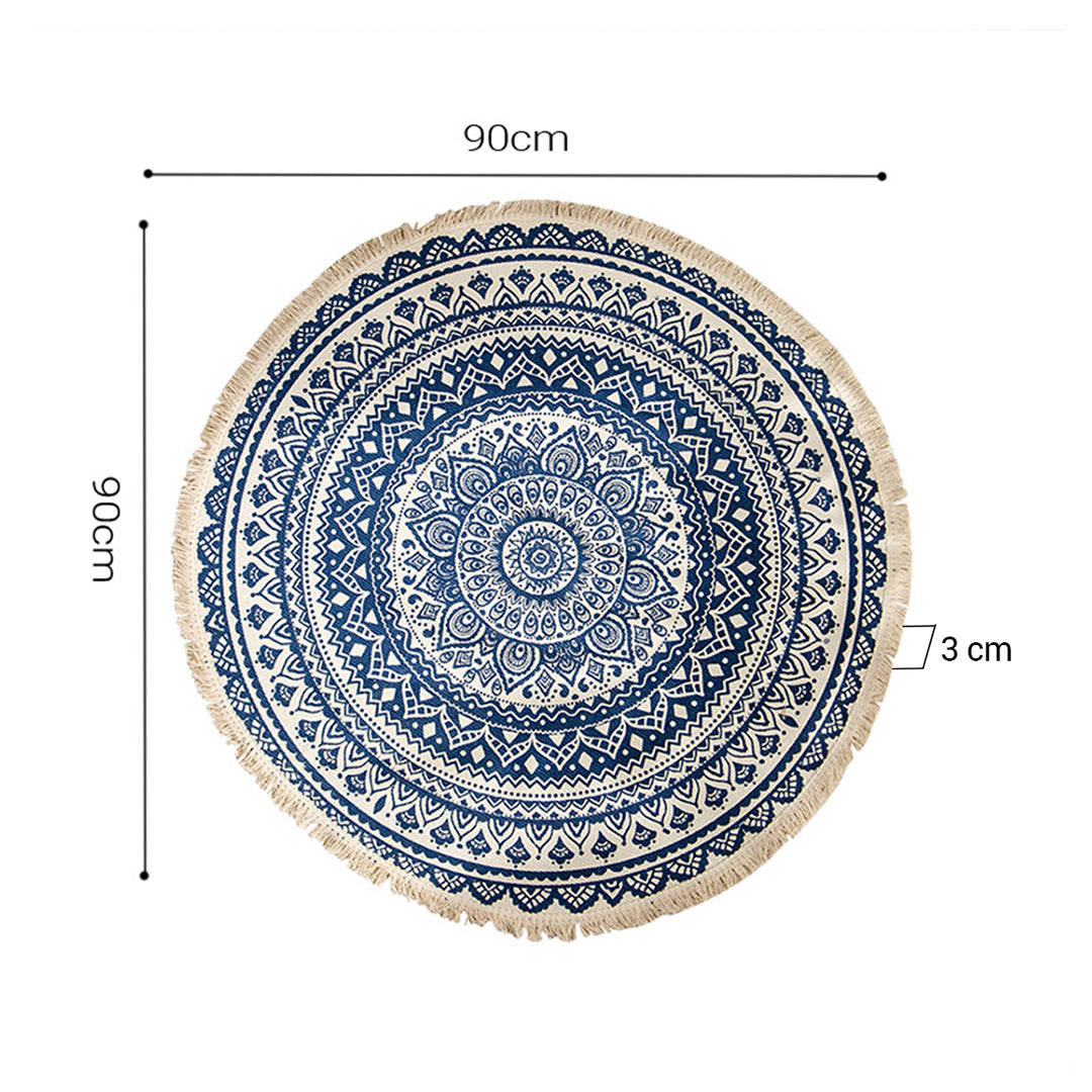 Dark Blue Carpet Soft Linen Bohemian Non-Slip Round Rug