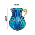 Blue European Glass Flower Vase with Metal Handle