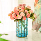 Blue European Glass Flower Vase with Gold Metal Pattern