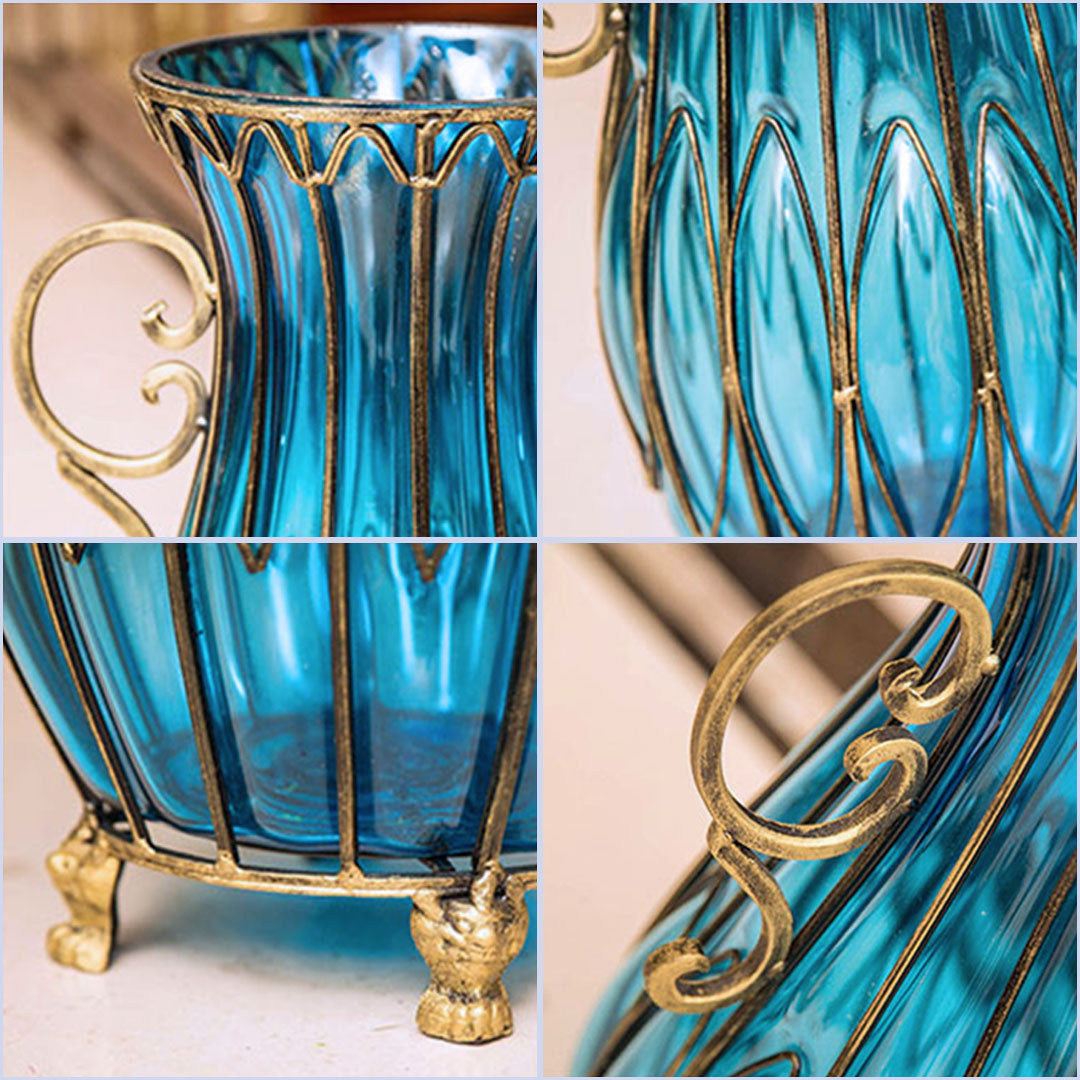 51cm Blue Glass Floor Vase with 12pcs Pink Artificial Flower Set