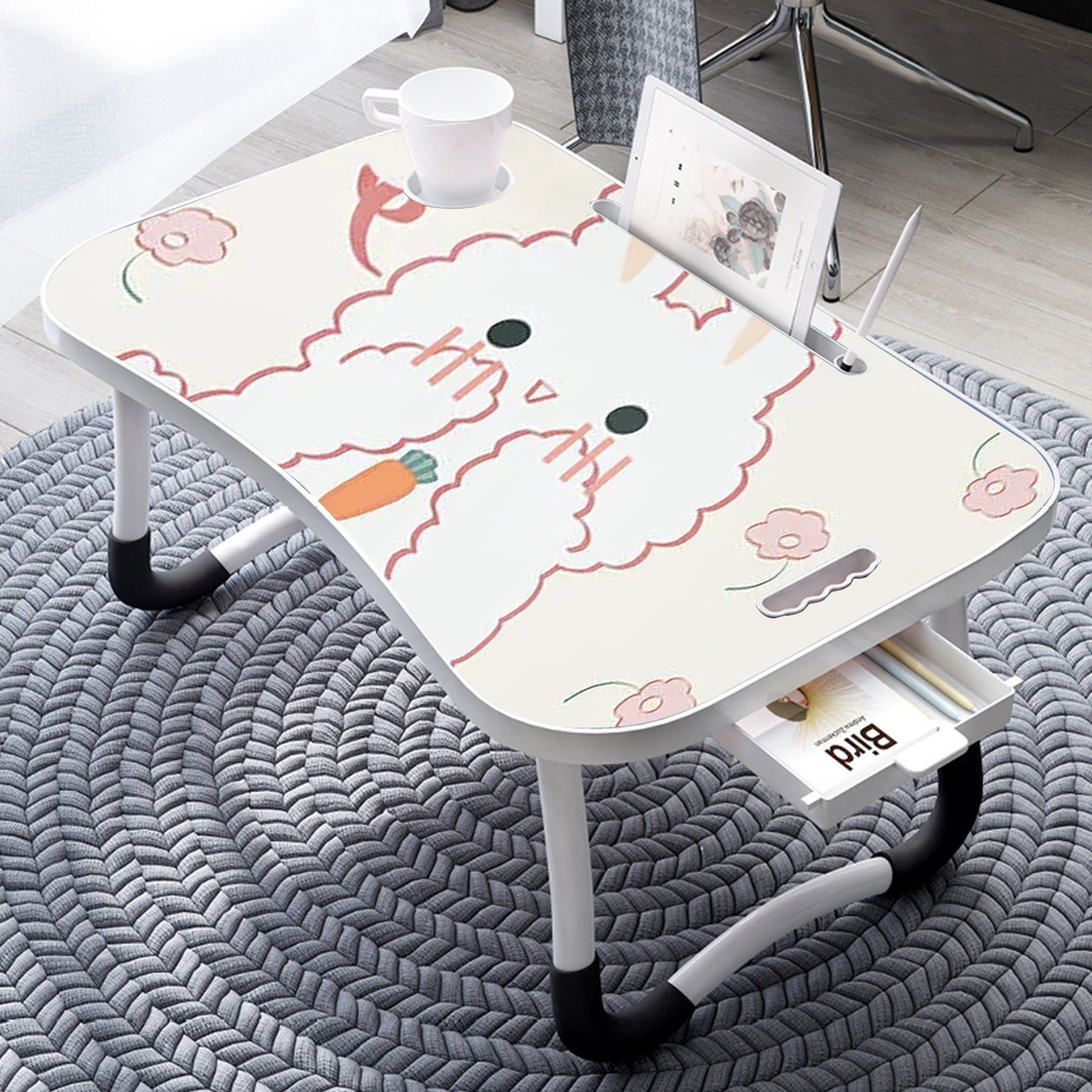 White Cute Rabbit Design Foldable Study Bed Table Adjustable Portable Desk Stand With Notebook Holder And Cup Slot