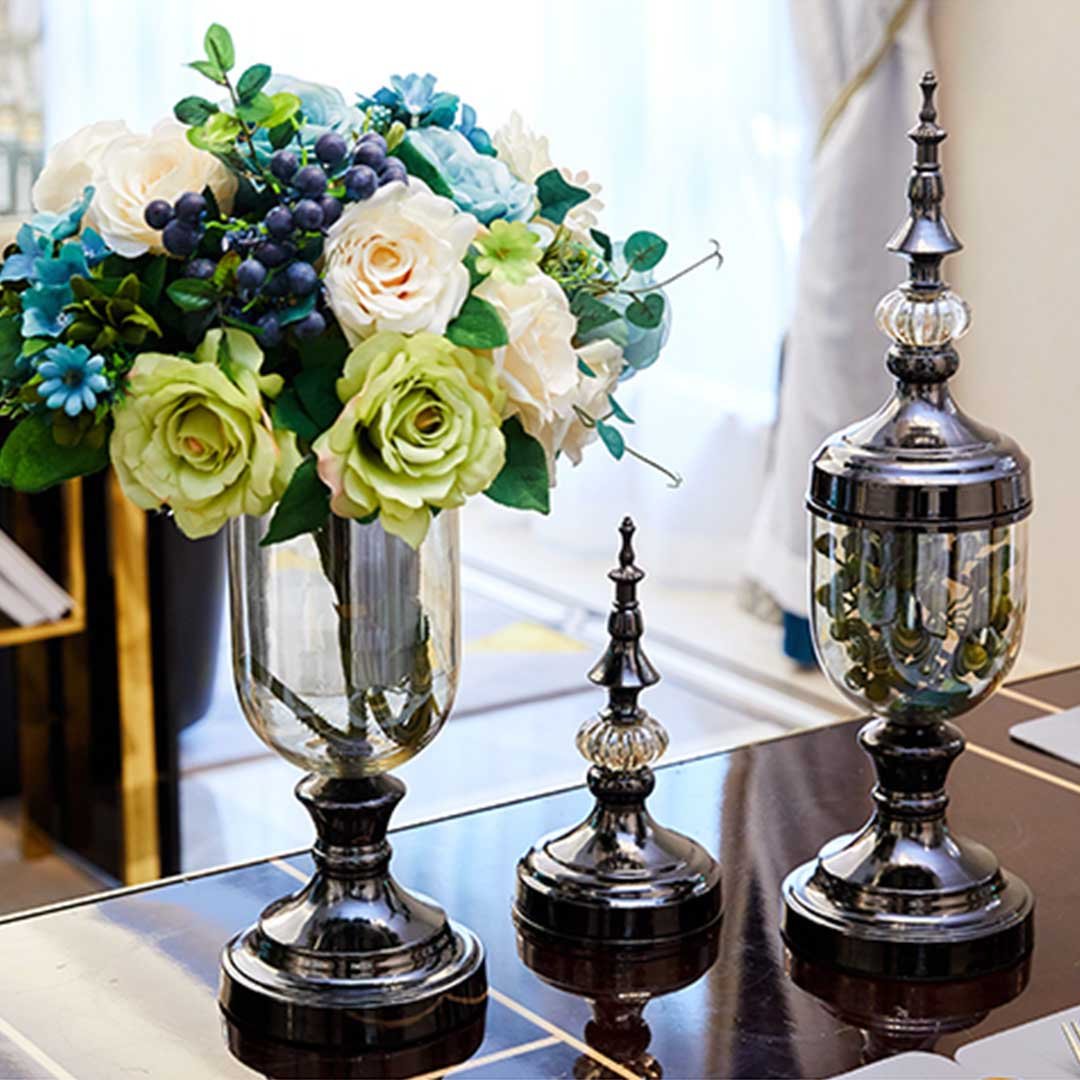 2x Clear Bronze Glass Vase with Lid and Blue Flower Set