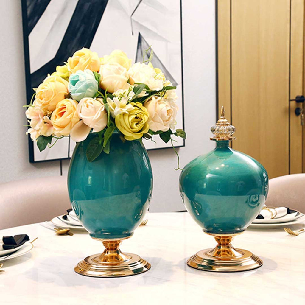 40cm Ceramic Vase with Gold Metal Base Green