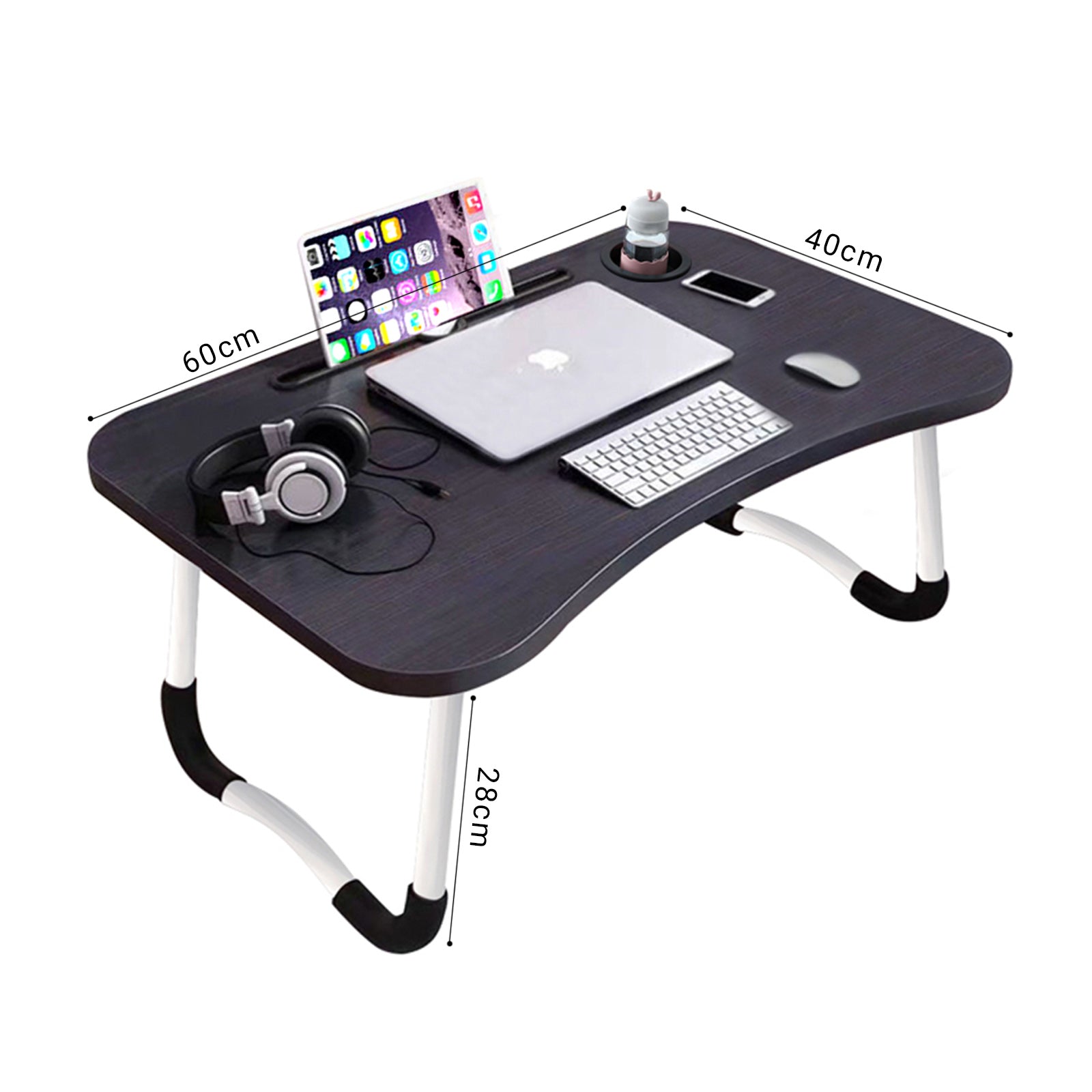 Black Foldable Study Bed Table Adjustable Portable Desk Stand With Notebook Holder and Cup Slot