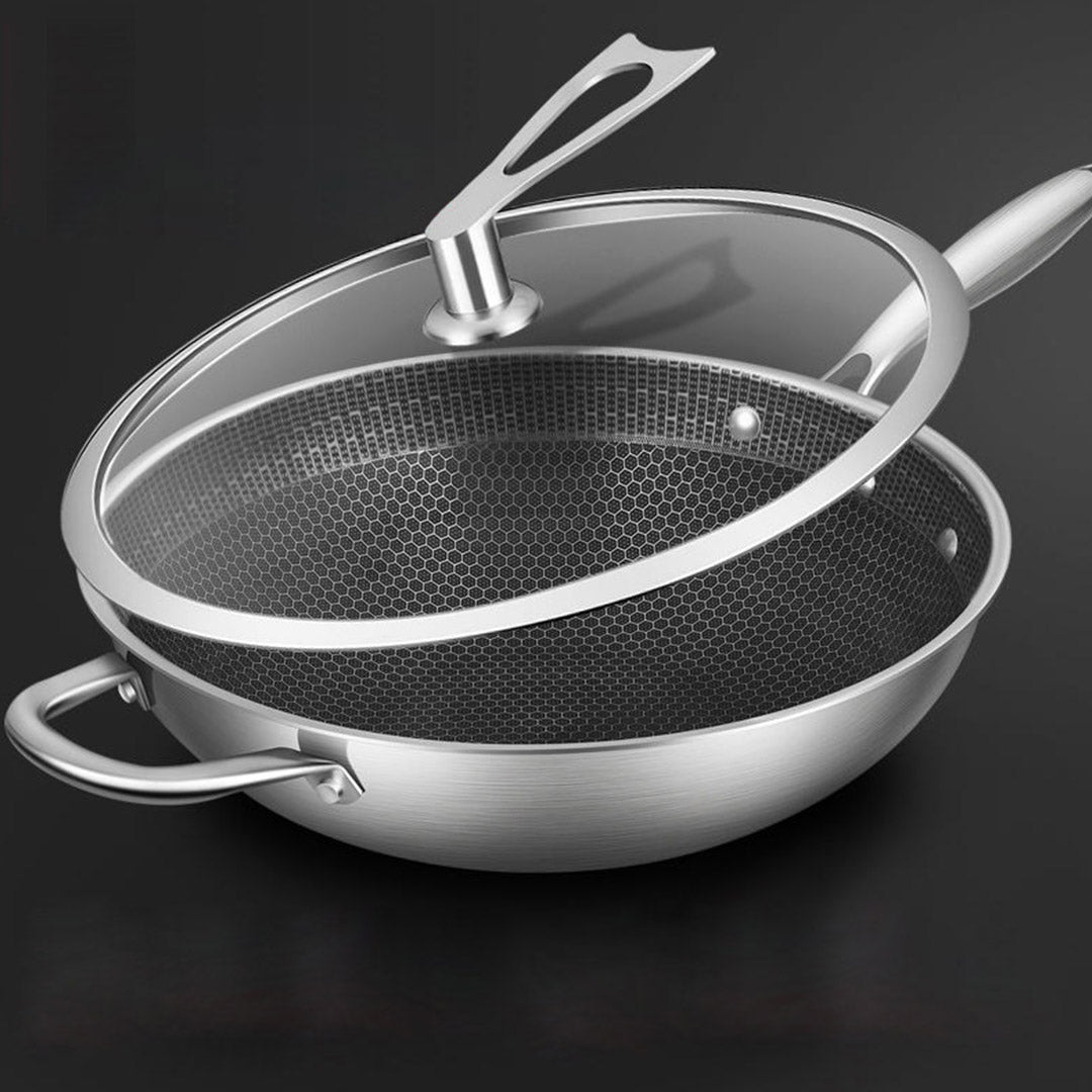 34cm Stainless Steel Frying Pan with Glass Lid and Helper Handle