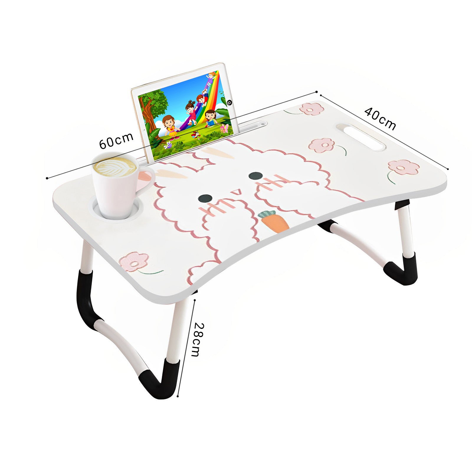 White Cute Rabbit Design Foldable Study Bed Table Adjustable Portable Desk Stand With Notebook Holder And Cup Slot