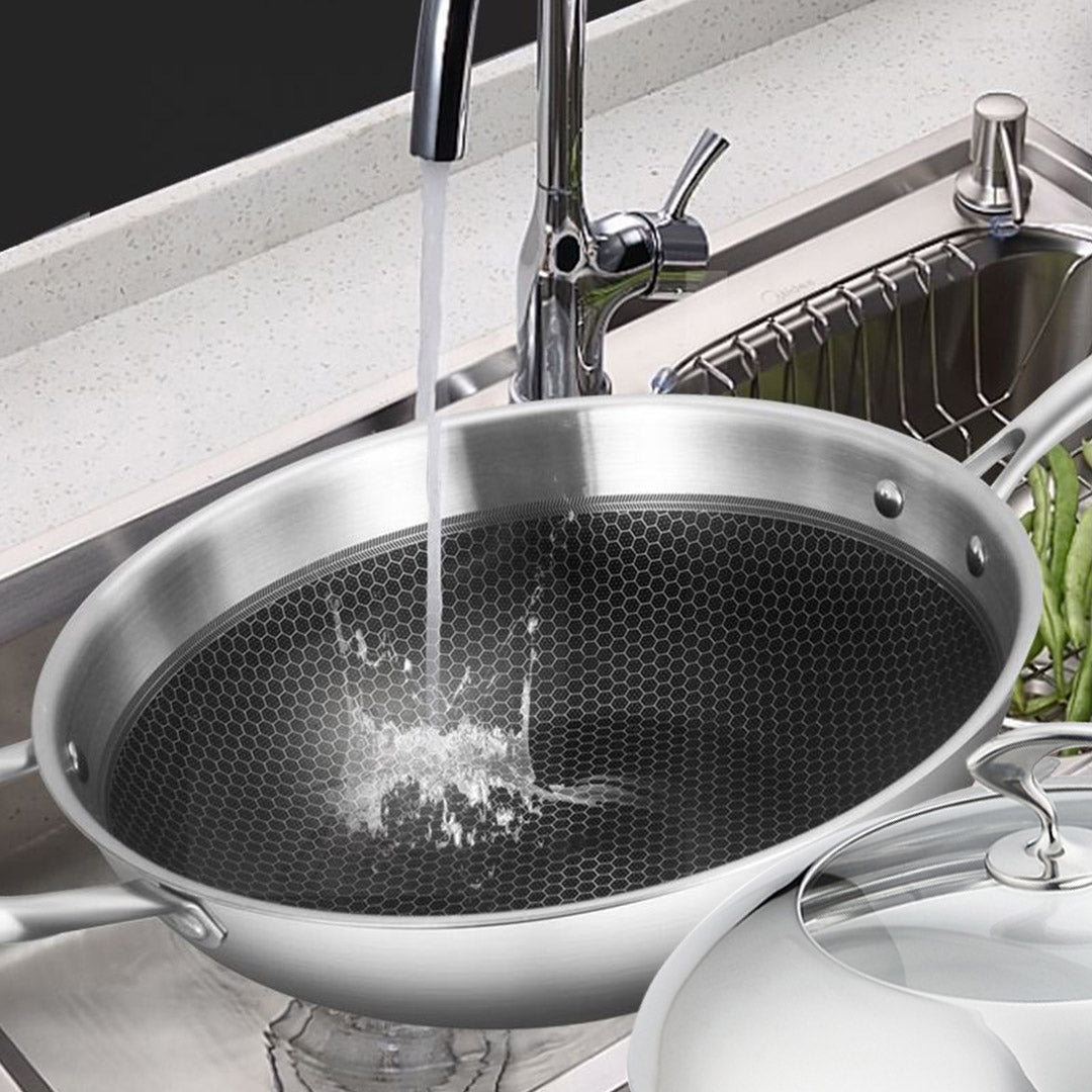 18/10 Stainless Steel 32cm Frying Pan Non Stick Interior with Helper Handle and Lid
