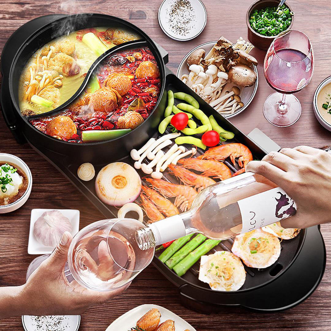 2 in 1 Electric Non-Stick BBQ Grill and Hotpot with Division