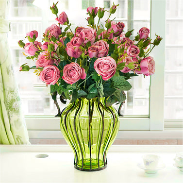 Green Glass Flower Vase with 10 Bunch 6 Heads Artificial Silk Rose Set