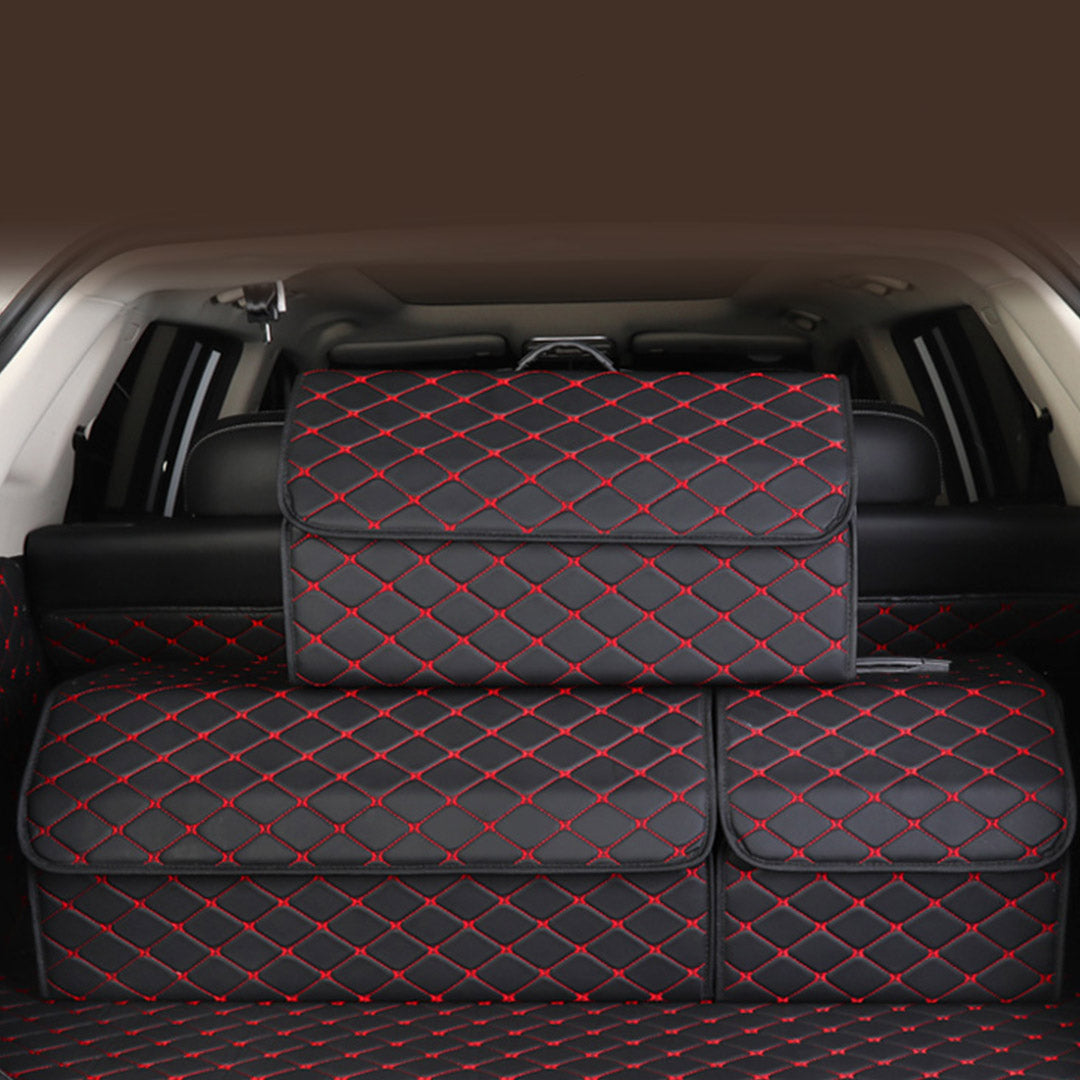 Leather Car Boot Foldable Trunk Cargo Organizer Box Black/Red Stitch Large