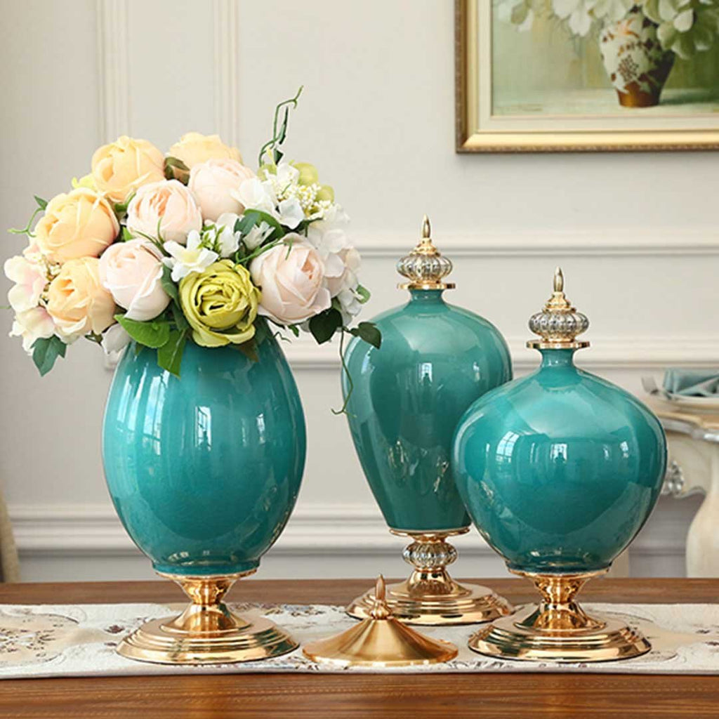 40cm Ceramic Vase with Gold Metal Base Green