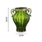 Green European Glass Flower Vase with Two Metal Handle