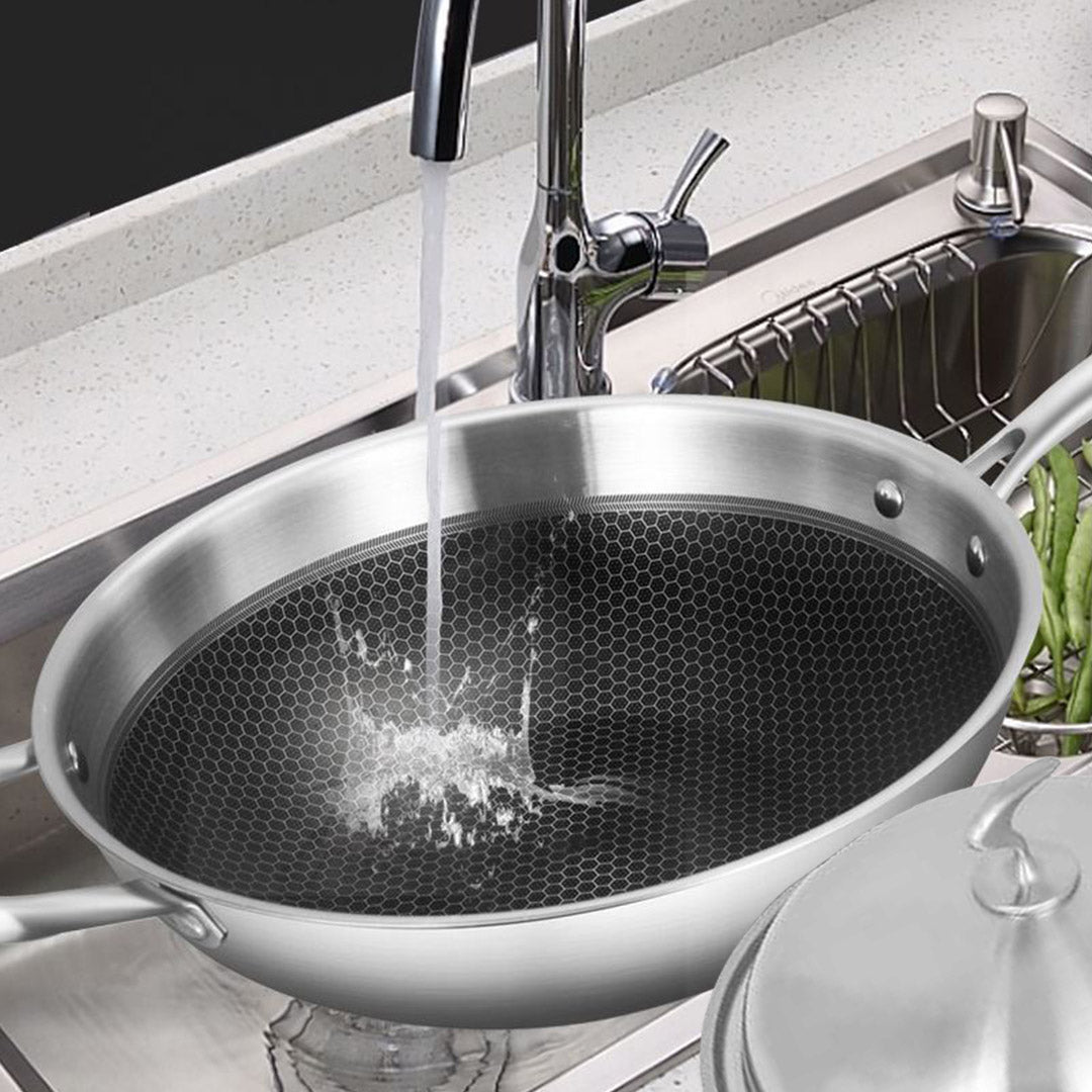 18/10 Stainless Steel 34cm Frying Pan Textured Non Stick Interior with Helper Handle and Lid