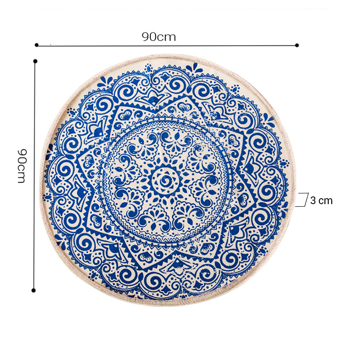 Blue Carpet Soft Linen Bohemian Non-Slip Round Rug