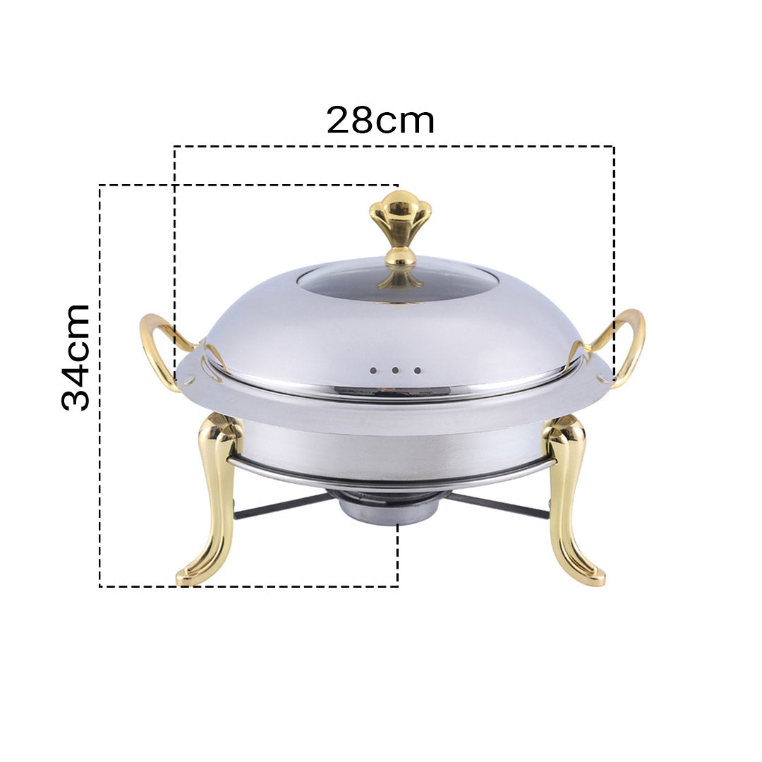 Stainless Steel Gold Accents Round Chafing Dish with Glass Top Lid