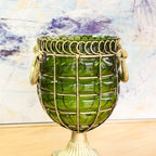 Green European GlassFlower Vase with Metal Handle