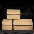 Leather Car Boot Foldable Trunk Cargo Organizer Box Beige/Gold Stitch Large