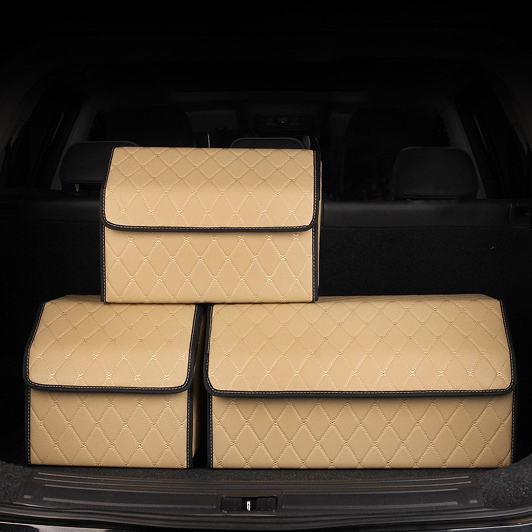 Leather Car Boot Foldable Trunk Cargo Organizer Box Beige/Gold Stitch Medium