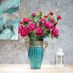 Blue Glass Flower Vase with 8 Bunch 5 Heads Artificial Silk Rose Set