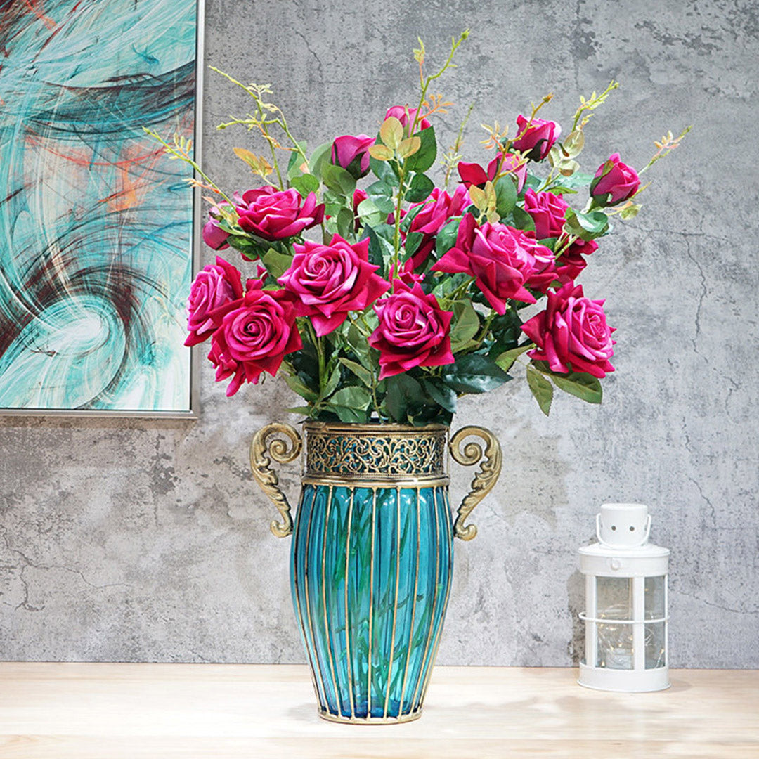 Blue Glass Flower Vase with 8 Bunch 5 Heads Artificial Silk Rose Set