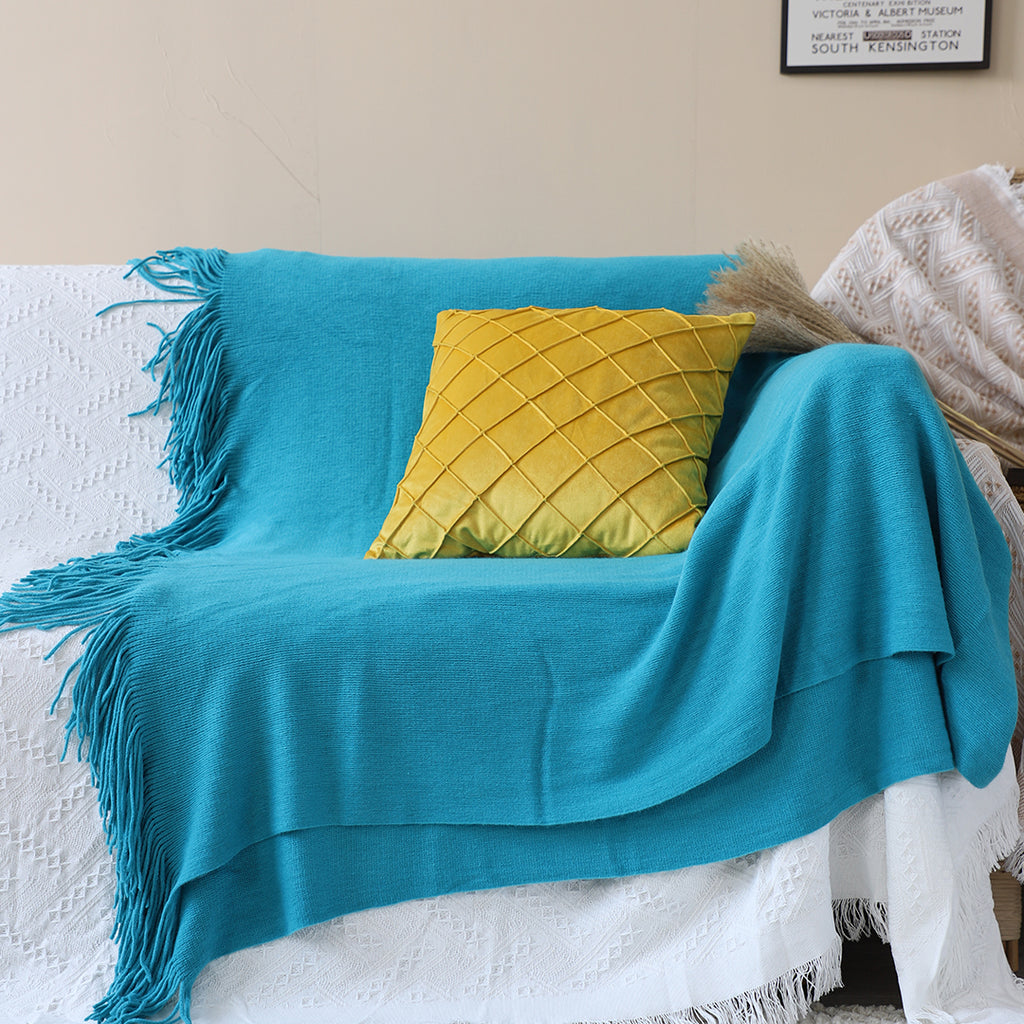 Blue Acrylic Knitted Throw Blanket
