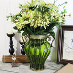 Green European Glass Flower Vase with Two Metal Handle