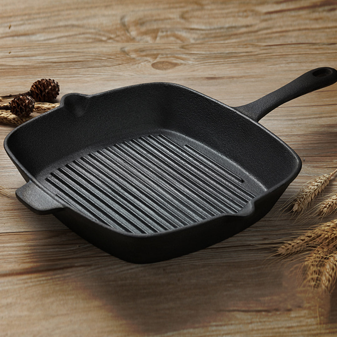 26cm Square Ribbed Cast Iron Frying Pan with Handle