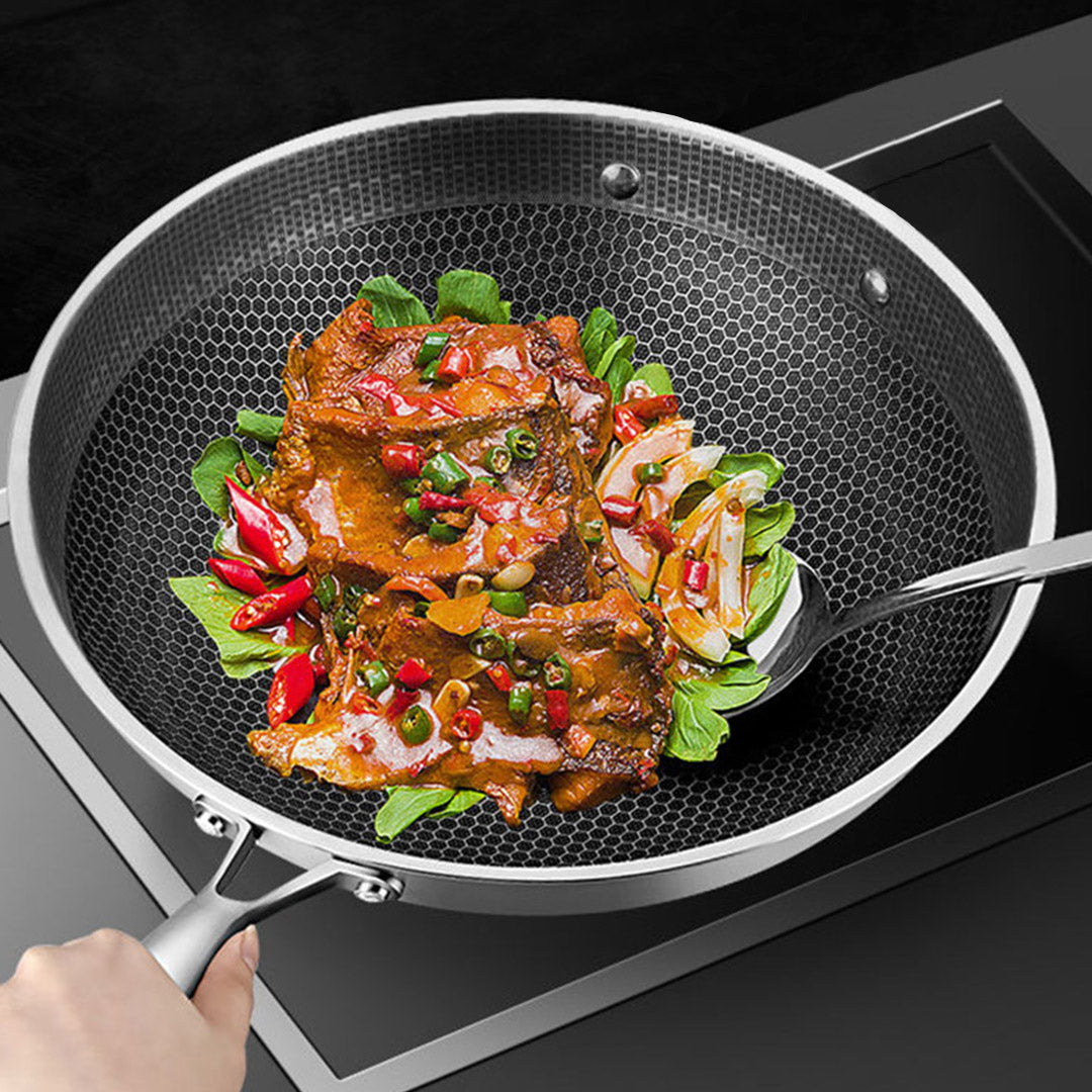 34cm Stainless Steel Frying Pan with Glass Lid and Helper Handle