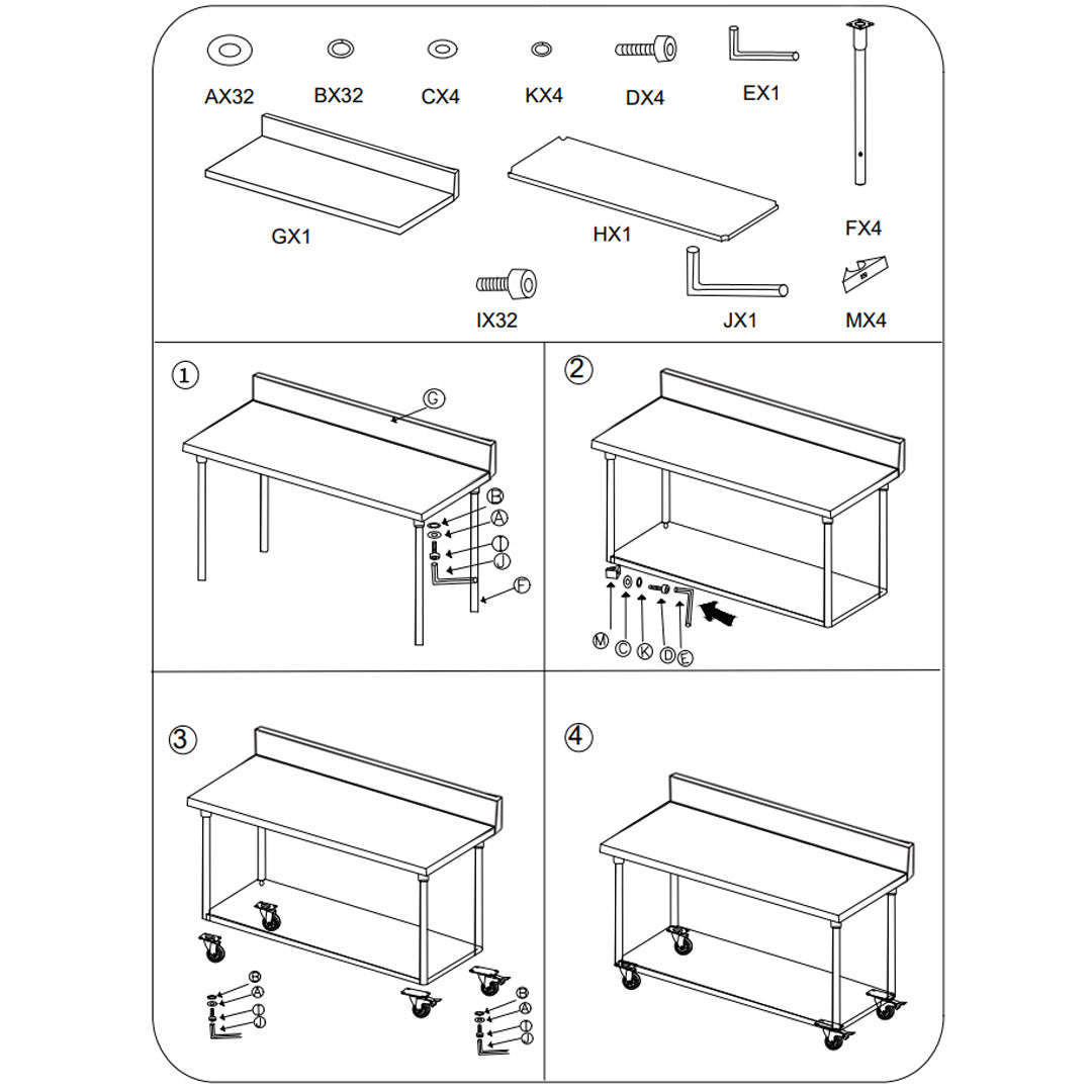 100cm Commercial Kitchen Stainless Steel Work Bench with Backsplash and Caster Wheels