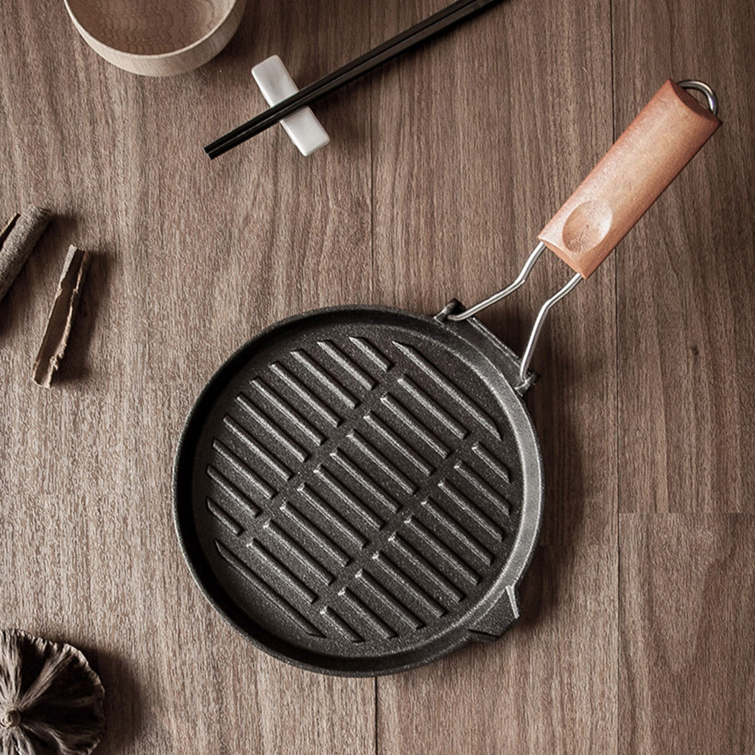 24cm Round Ribbed Cast Iron Skillet Pan with Folding Wooden Handle