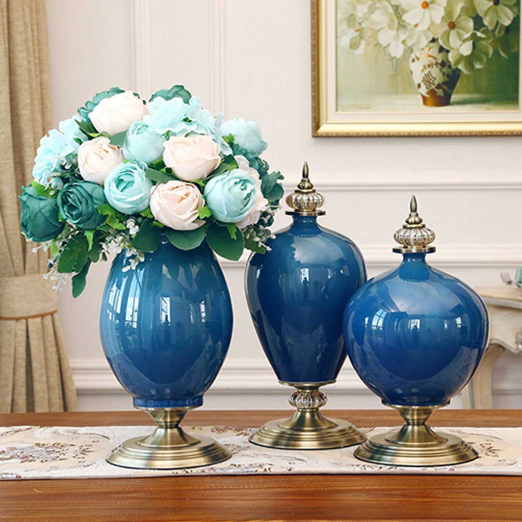 40cm Ceramic Vase with Gold Metal Base Green