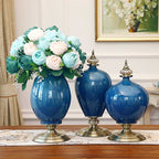 40cm Ceramic Vase with Gold Metal Base Green