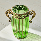 Green Glass Flower Vase with 8 Bunch 5 Heads Artificial Silk Rose Set