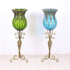 85cm Green Glass Floor Vase and 12pcs Dark Pink Artificial Flower Set