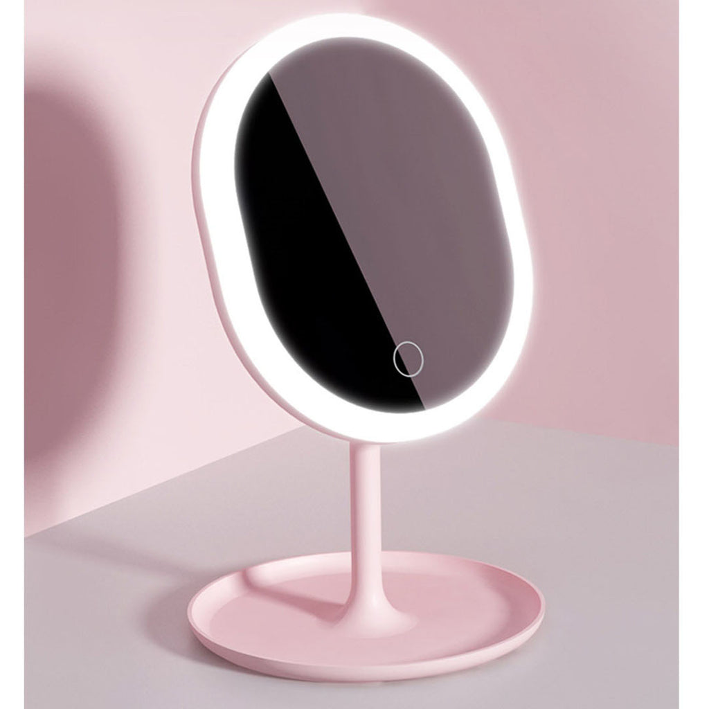 Pink 2 Tier Cosmetic Storage with Brush Lipstick Holder Organiser and LED Light Tabletop Mirror Set