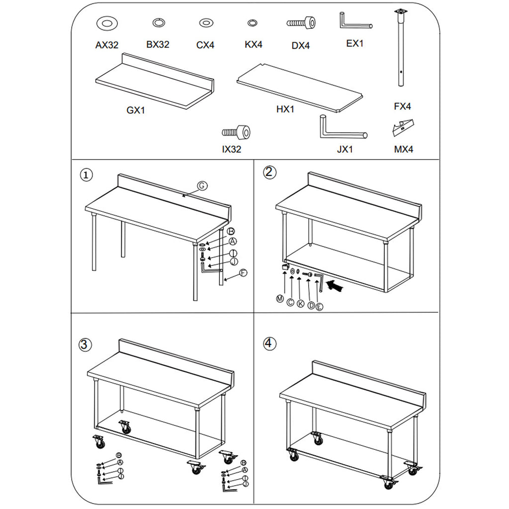 120cm Commercial Kitchen Stainless Steel Work Bench with Backsplash and Caster Wheels